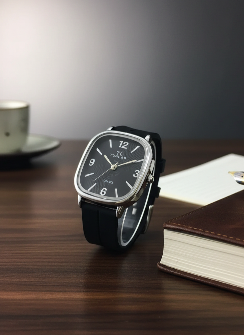 Tabular Quartz Watch – Black, Brown, Blue & Grey | Rubber Strap with Magnetic Lock