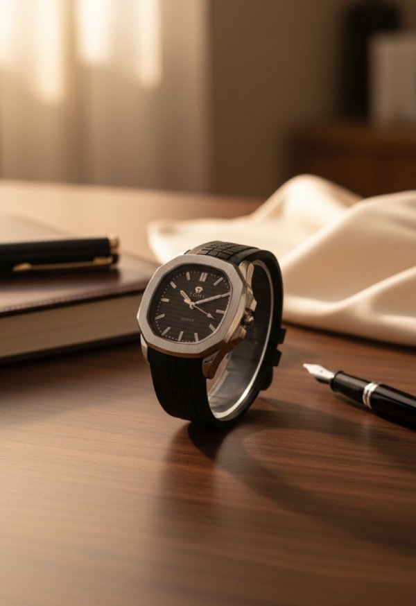 TOMI-Inspired Men’s Quartz Watch – Silver Case with Black Rubber Strap