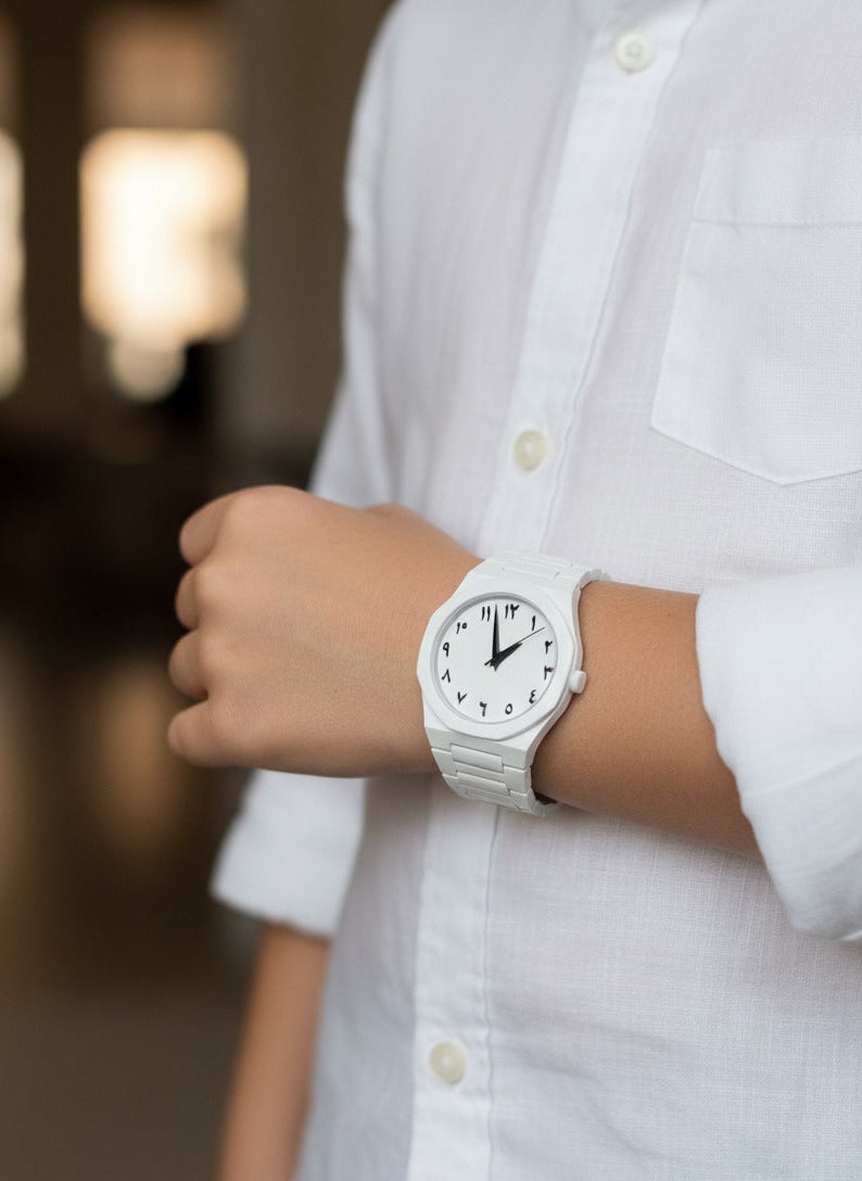 White Aura Men’s Minimalist Watch – Arabic Numerals Edition
