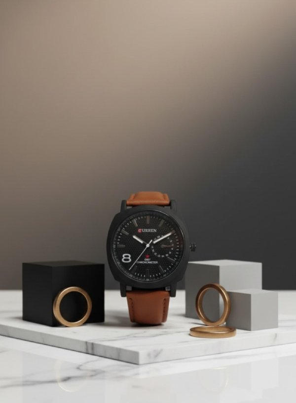 Curren-Inspired Men’s Watch – Black Dial with Brown Leather Strap