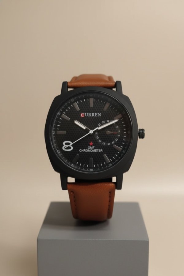 Curren-Inspired Men’s Watch – Black Dial with Brown Leather Strap