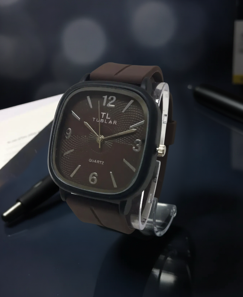Tabular Quartz Watch – Black, Brown, Blue & Grey | Rubber Strap with Magnetic Lock