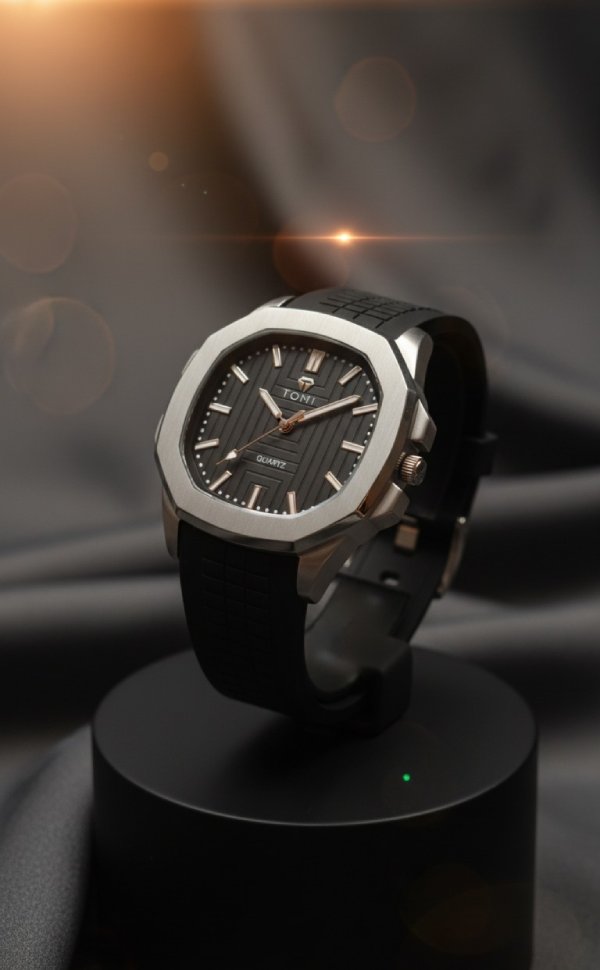 TOMI-Inspired Men’s Quartz Watch – Silver Case with Black Rubber Strap