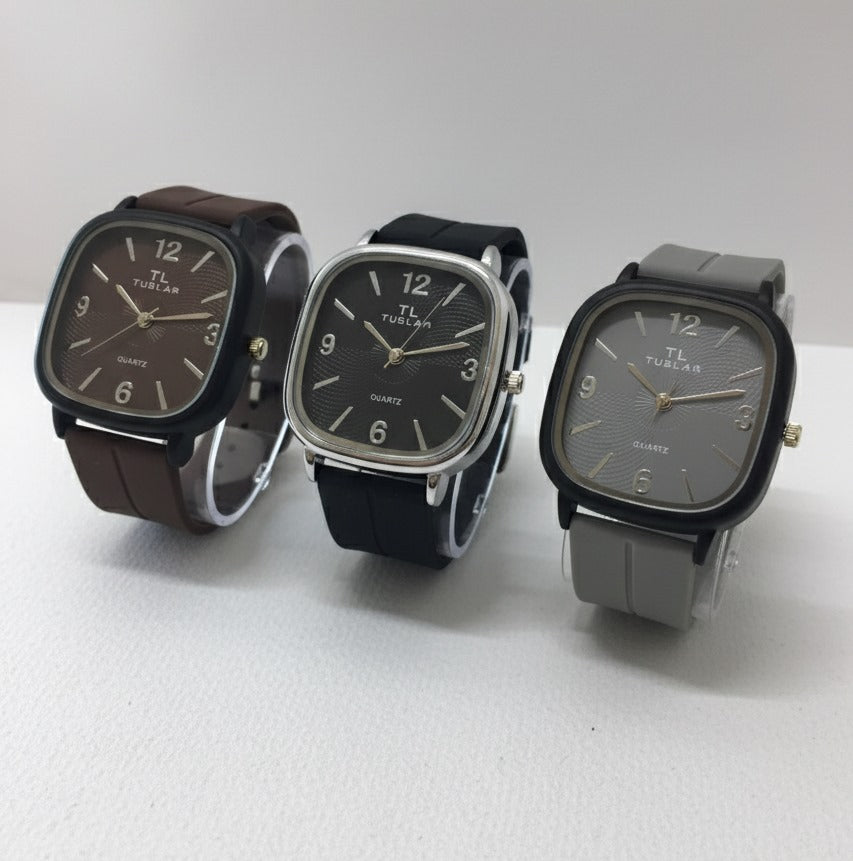 Tabular Quartz Watch – Black, Brown, Blue & Grey | Rubber Strap with Magnetic Lock