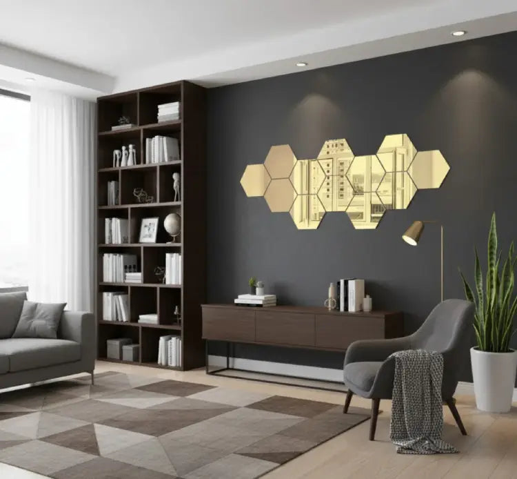 Golden Hexagon Mirror Wall Stickers – 6x6 Inch Acrylic DIY Wall Décor