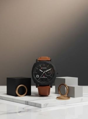 Curren-Inspired Men’s Watch – Black Dial with Brown Leather Strap