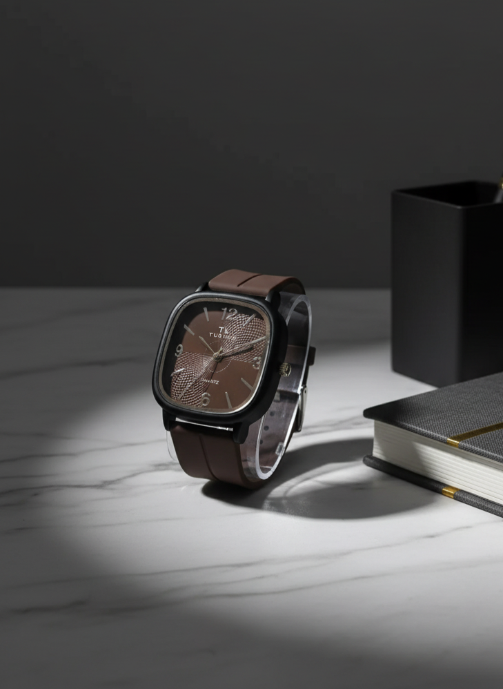 Tabular Quartz Watch – Black, Brown, Blue & Grey | Rubber Strap with Magnetic Lock