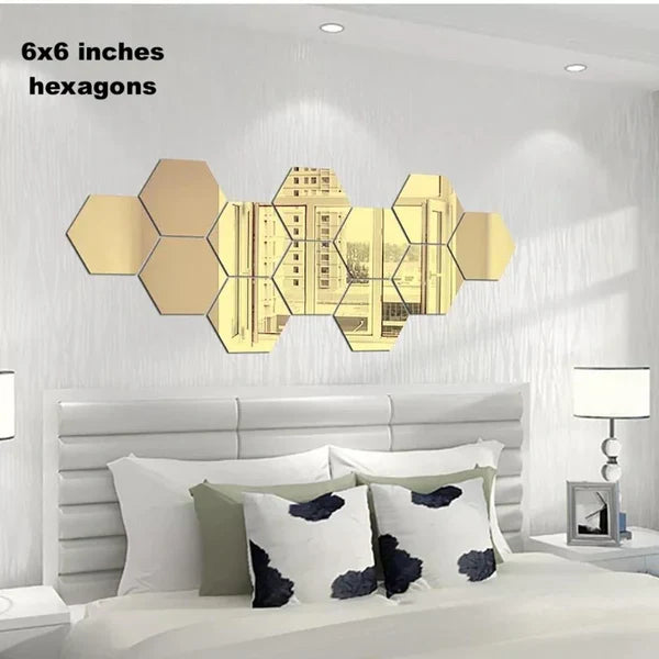 Golden Hexagon Mirror Wall Stickers – 6x6 Inch Acrylic DIY Wall Décor
