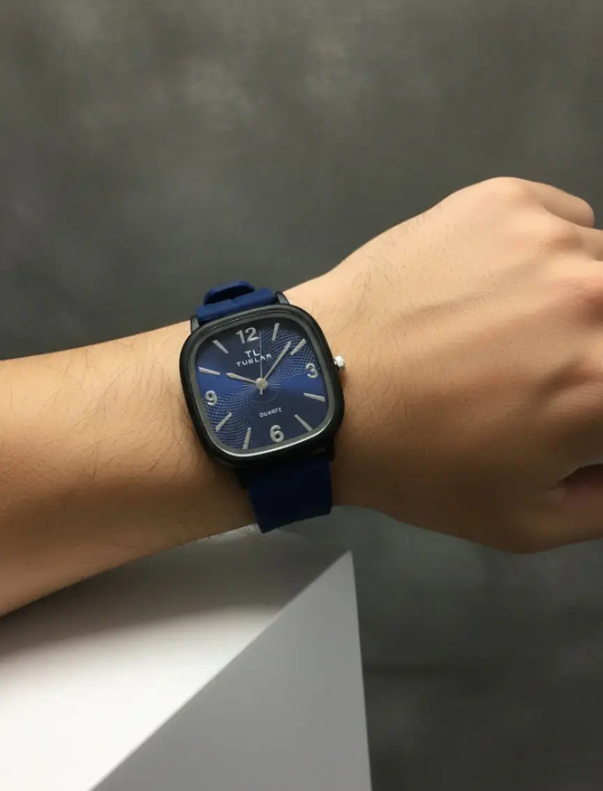 Tabular Quartz Watch – Black, Brown, Blue & Grey | Rubber Strap with Magnetic Lock