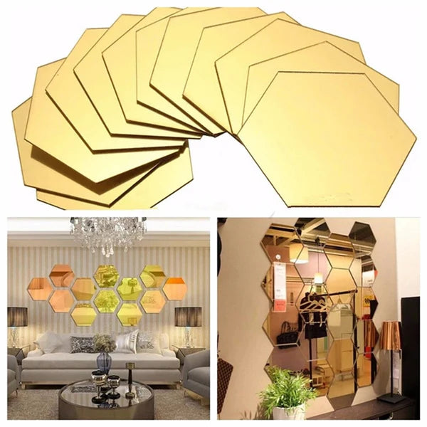 Golden Hexagon Mirror Wall Stickers – 6x6 Inch Acrylic DIY Wall Décor