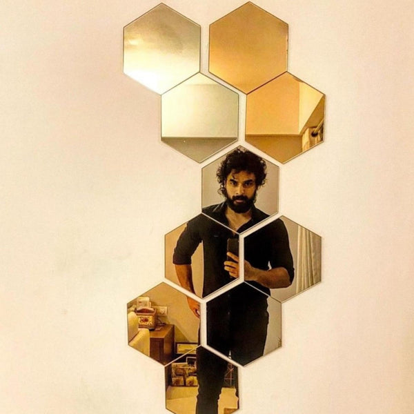 Golden Hexagon Mirror Wall Stickers – 6x6 Inch Acrylic DIY Wall Décor