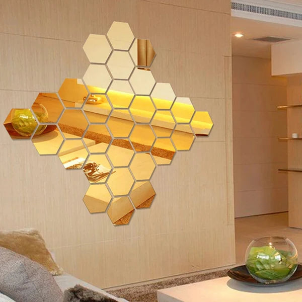 Golden Hexagon Mirror Wall Stickers – 6x6 Inch Acrylic DIY Wall Décor