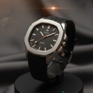TOMI-Inspired Men’s Quartz Watch – Silver Case with Black Rubber Strap